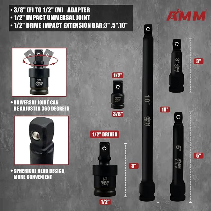 AMM 1/2-inch 66 Pieces Impact Socket Master Set, SAE & Metric from 5/16"-1-1/4",8-24mm, Shallow/Deep Socket Set with Ratched Hand, Extension Bar and Adapters，Cr-V steel