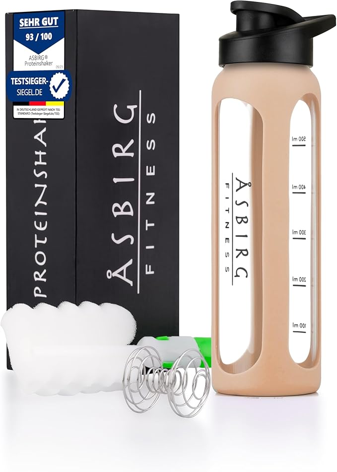 Fitness | Protein Shaker Made of Glass | Protein Shaker | Drinking Bottle | with Spiral Ball | Beige