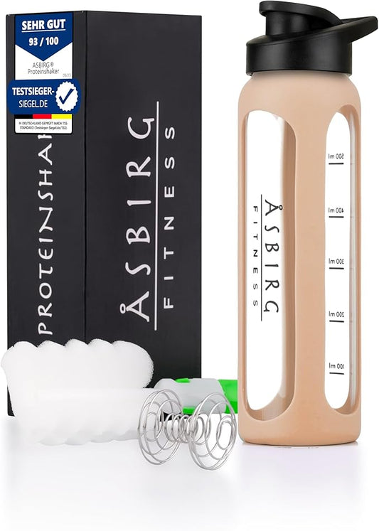 Fitness | Protein Shaker Made of Glass | Protein Shaker | Drinking Bottle | with Spiral Ball | Beige