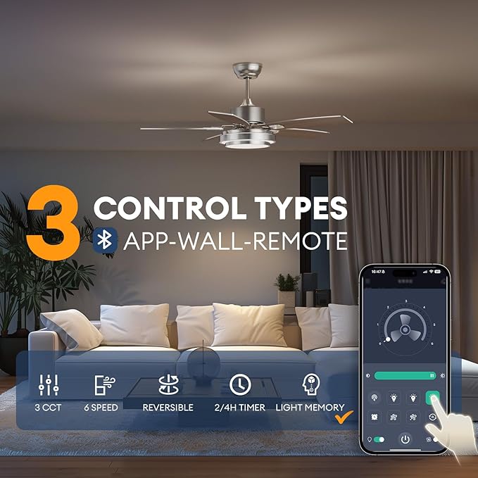 42 Inch Ceiling Fans with Lights and Remote/APP Control, Modern Nickel Ceiling Fan with Quiet Reversible DC Motor, 3 CCT Dimmable LED for Bedroom, Living Room, Patio, Indoor and Outdoor