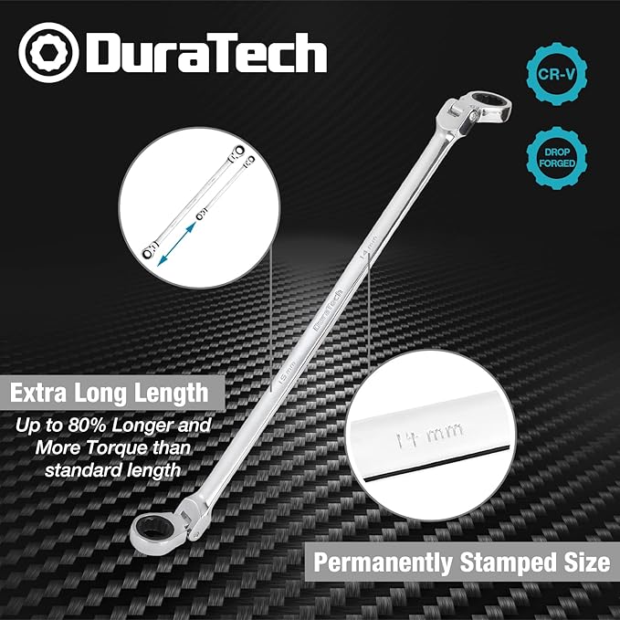 DURATECH 14 * 15 mm Extra Long Flex-Head Ratcheting Wrench, Metric, CR-V Steel
