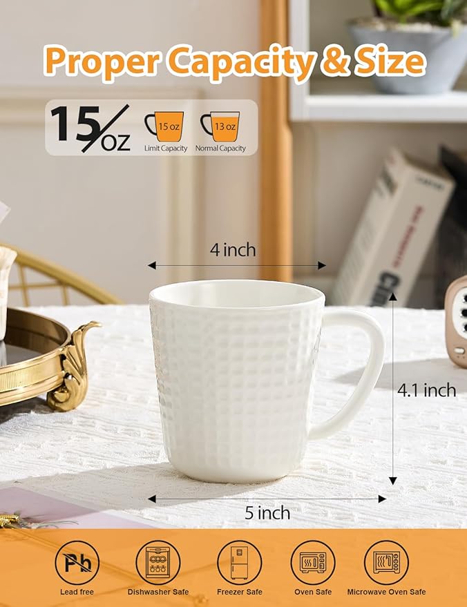 Ceramic Coffee Mugs 15 oz, Large Waffle Embossed Mug Set with Handle, Unique Coffee Cups for Latte, Cappuccino, Cocoa, Hot Tea, Mocha, Milk, Housewarming Wedding Present - Set of 6 (Turquoise)