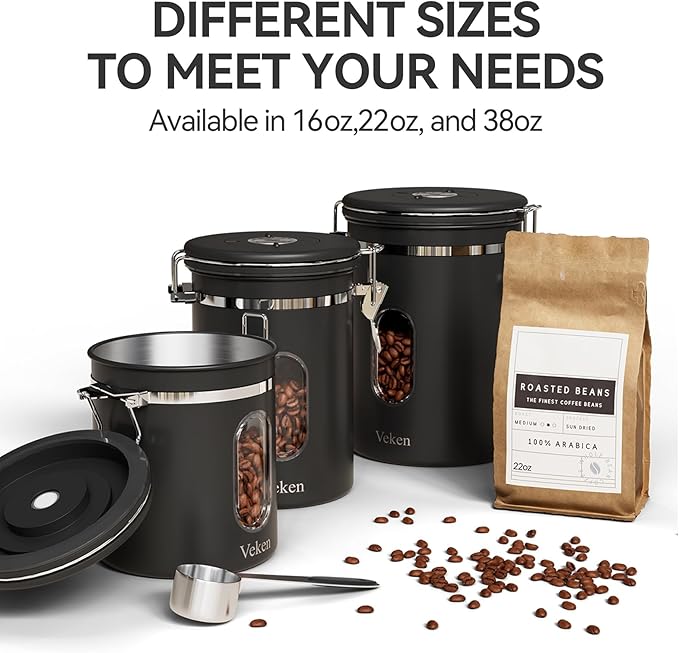Veken Coffee Canister with Window, Airtight Stainless Steel Kitchen Food Storage Container with Date Tracker and Scoop for Grounds Coffee, Beans, Tea, Flour, Cereal, Sugar, 22&16OZ,Black