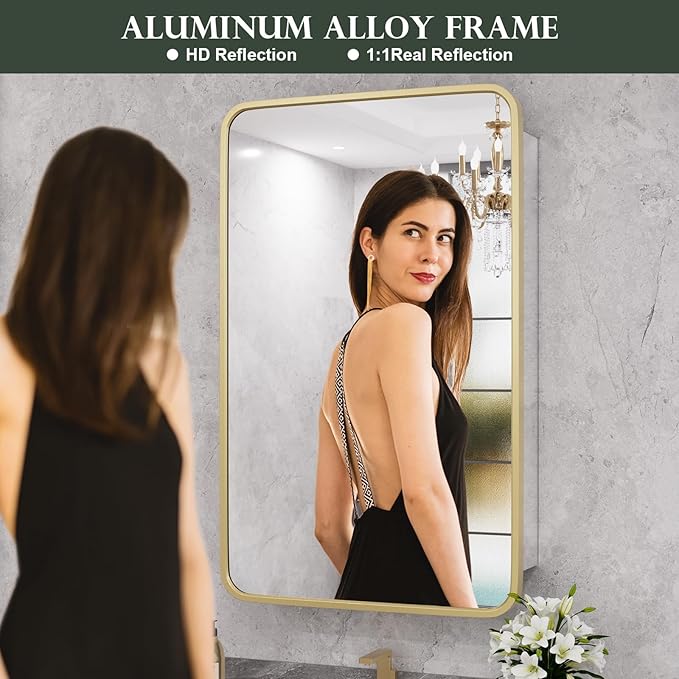 WallBeyond WallByond Bathroom Medicine Cabinet with Mirror, 19x30 Inch Gold Recessed Medicine Cabinet with Round Corner Aluminum Alloy Metal Framed, Single Door Modern MedicineMabinet with Storage