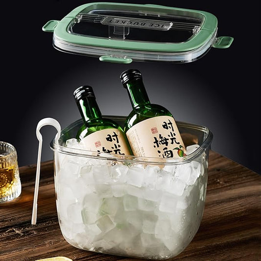 Portable Ice Bucket for Freezer with Lid & Ice Tong for Outdoor Camping, Plastic Clear Refrigerator Ice Cube Storage Bin for Whiskey Wine Cocktail Party, Big Ice Cube Mold Tray for Ice Bath