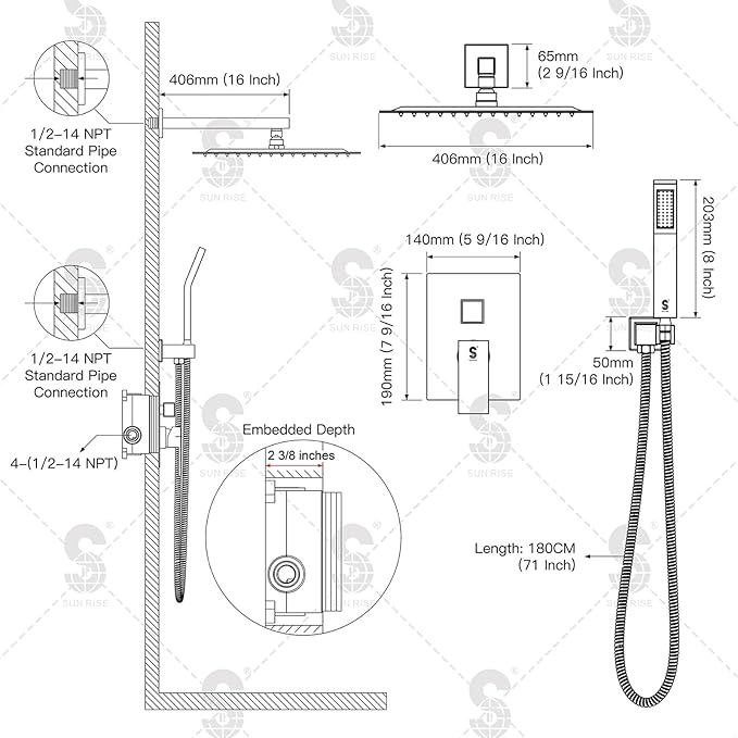 SR SUN RISE Matte Black Square Rainfall Shower Head and Handle Set, Wall Mounted Shower Fixtures, Metal Shower Faucet Trim Repair Kits (With Shower Valve) 16 Inches