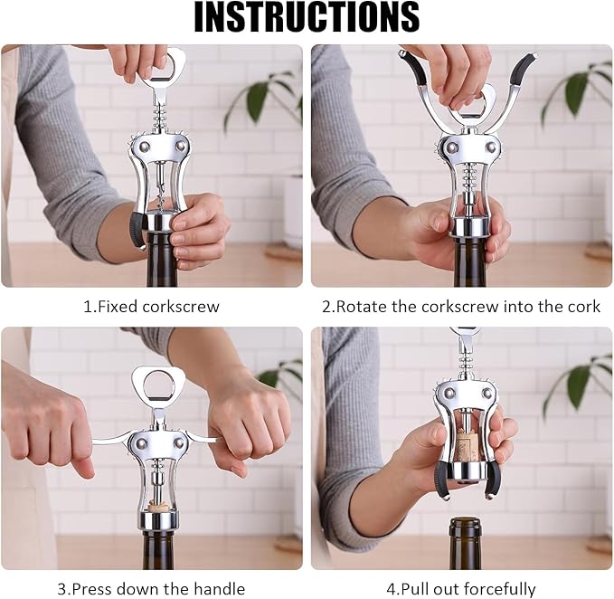 Wine Opener, Zinc Alloy Premium Wine Bottle Opener Wing Corkscrew Heavy Duty, Manual Multifunctional Cork Screw for Waiter, Silver