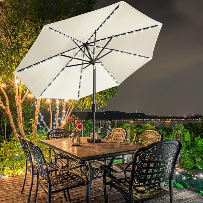 EliteShade USA 10-Year-Non-Fading Solar 9ft Market Umbrella with 80 LED Lights Patio Umbrellas Outdoor Table Umbrella with Ventilation, Natural