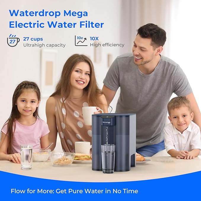 Waterdrop Mega Electric Water Filter Pitcher, Dispenser, 200-Gallon Filtered Water Pitcher, NSF/ANSI 42&53&401&372, Reduce PFAS, Lead, Chlorine, 27-Cup, Blue, with 1 Filter, 𝐃𝐨𝐞𝐬 𝐧𝐨𝐭 Lower TDS