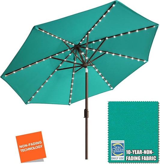 EliteShade USA 10-Year-Non-Fading Solar 9ft Market Umbrella with 80 LED Lights Patio Umbrellas Outdoor Table Umbrella with Ventilation, Teal