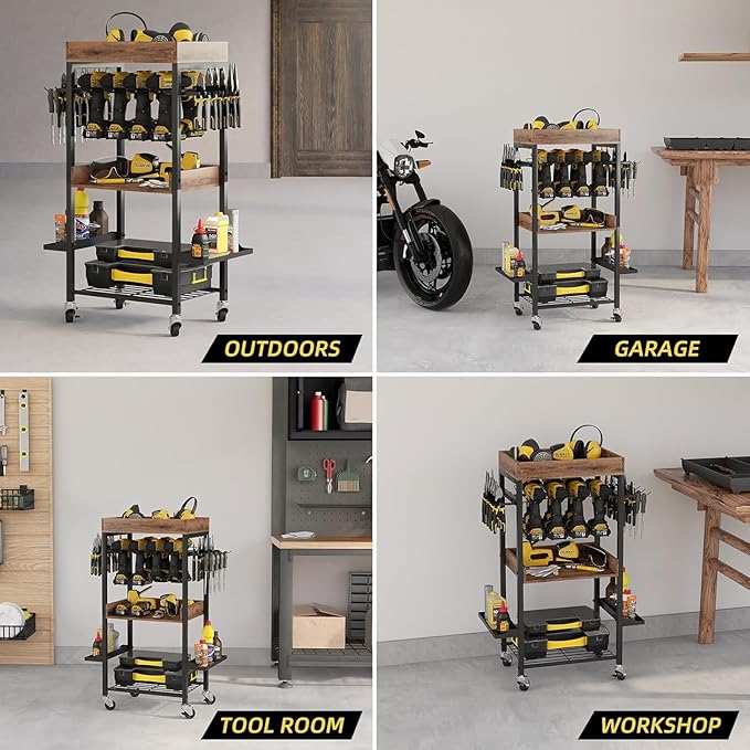 Power Tool Organizer Cart Metal Floor Standing Rolling Drill Rolling Tool Cart Box Organizer - 4 Layer Garage Storage Shelving with Wheels, for Workbench and Garage Gift for Men, Father.