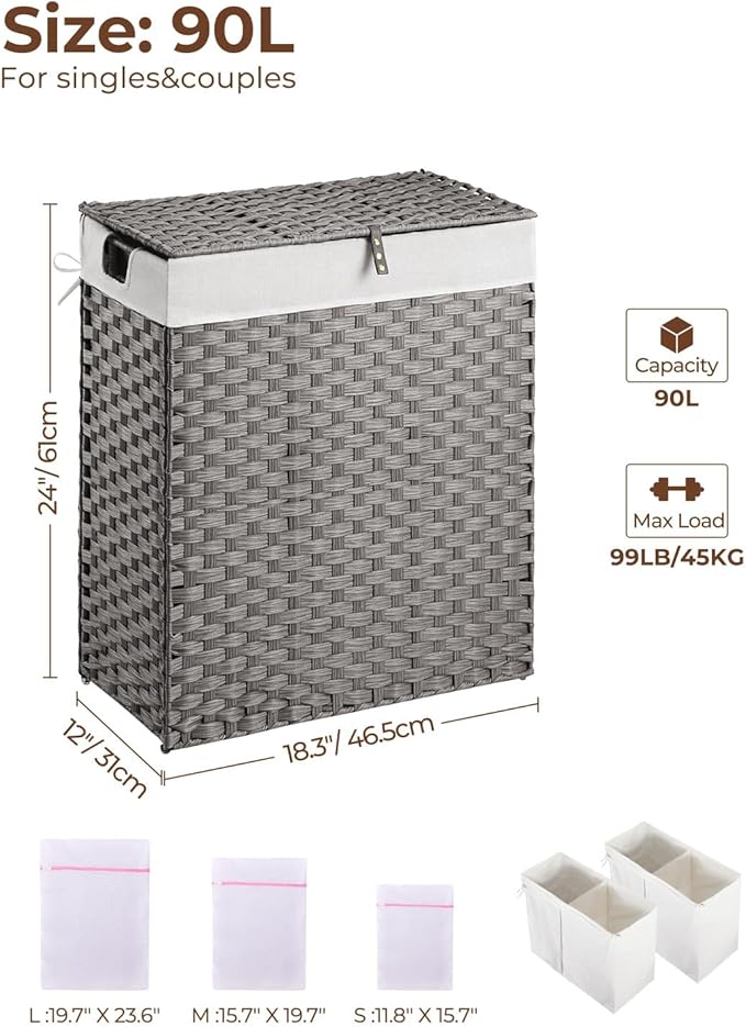Greenstell Laundry Hamper with 2 Removable Liner Bags - 90L Divided Clothes Hamper, Handwoven Synthetic Rattan Foldable Laundry Basket with Lid and Handles Gray (18.3x13.3x24.0Inches)