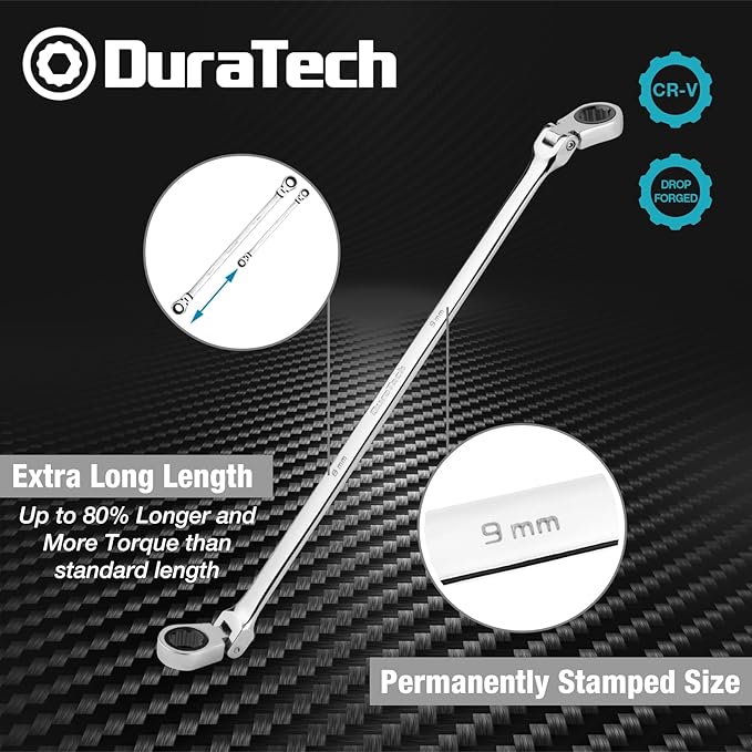DURATECH 8 * 9 mm Extra Long Flex-Head Ratcheting Wrench, Metric, CR-V Steel