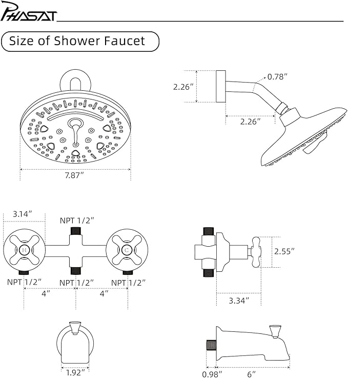 PHASAT 2 Handle Tub Shower Faucet,Bathtub Faucet Set with Tub Spout,Tub and Shower Trim Kit with Rough-in Valve,Matte Black,PU4H09