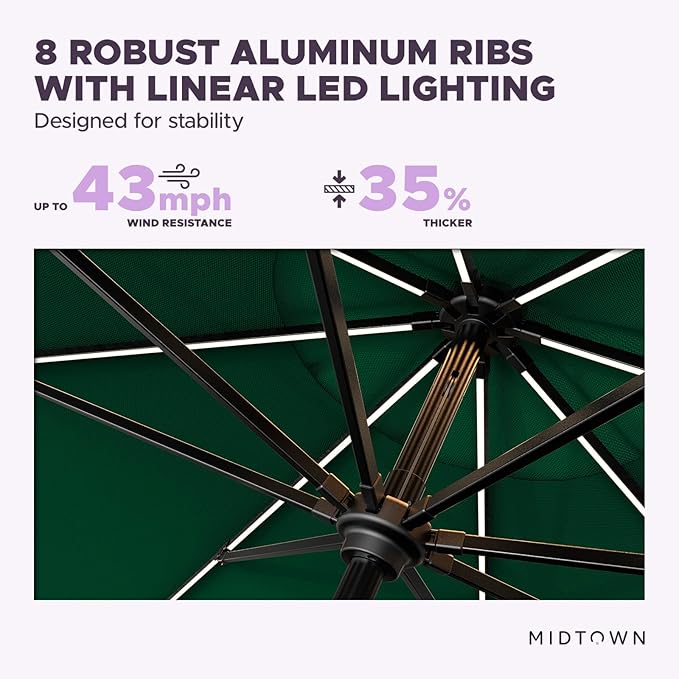 Midtown Umbrellas The LED Swilt 10 Feet Patio Umbrella With Sunbrella Forest Green Acrylic Fabric - Auto-Tilt Aluminum Frame With LED Lights For Backyard, Deck, Garden, Pool - Black Pole