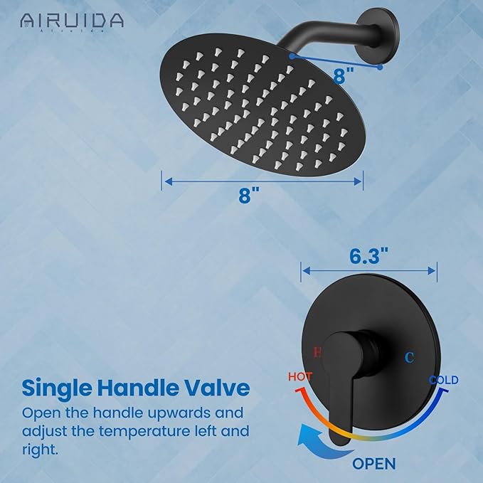 Airuida Shower Faucet Set,8 Inch Round Rainfall Shower Head,SUS304 Stainless Steel Single Handle Shower Trim Kit,Wall Mount Bathroom System with Female Threads Valve Matte Black