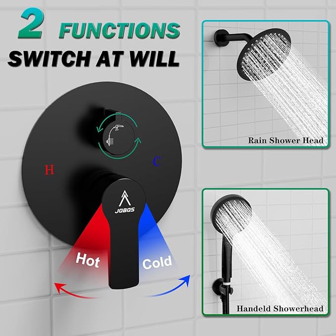 Shower Faucet Set 8IN Brass Rough-In Valve Body Trim Kit Rainfall Included Handle Accessories Complete 2 Functions with Rain Head and Handheld Bathroom Systems (8 Inch Matte Black)