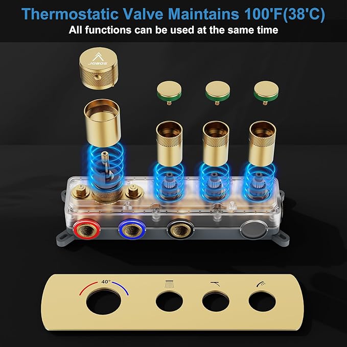 Shower System Brass Thermostatic Shower Faucet Set With Valve and Diverter Shower Mixer with 2 Rain Shower Head and Multi-function Handheld Head（Brushed Gold）