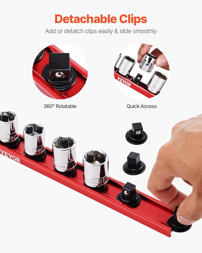 VEVOR Socket Organizer Rail Set, 3PCS Metric & SAE Aluminum Socket Organizers, 1/4'', 3/8'' & 1/2'' Heavy-Duty Socket Holder with 360° Rotating Clips for Tool Box, Hold up to 40 Sockets, Red & Black
