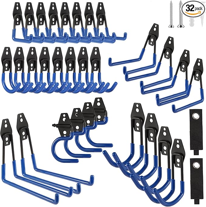Garage Hook Heavy Duty Wall Storage Hangers, 32 Pack Garage Storage Hooks Steel Tool Blue for Ladders, Ropes, Garden Tools