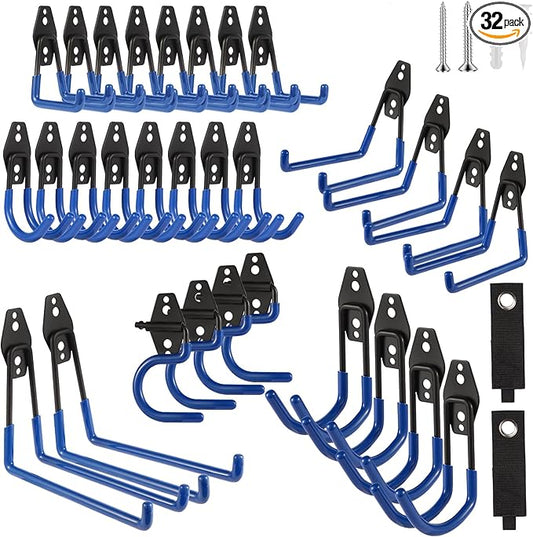 Garage Hook Heavy Duty Wall Storage Hangers, 32 Pack Garage Storage Hooks Steel Tool Blue for Ladders, Ropes, Garden Tools
