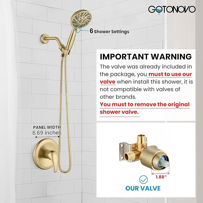 gotonovo Single-Handle Shower Faucet Set Shower Kit with Valve Shower Head and Handle Set Shower Trim Kit with 6 Modes ABS Handheld Shower Fixtures Shower Valve and Trim Kit Brushed Gold