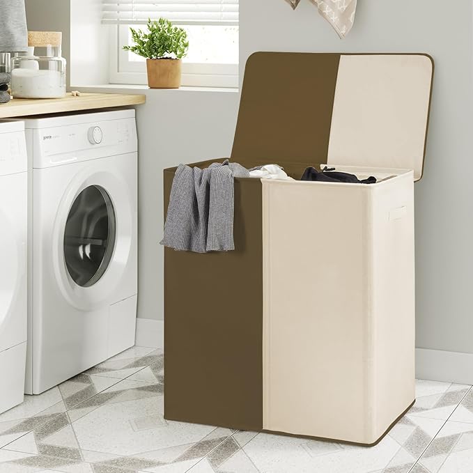 WOWLIVE Double Laundry Baseket with Lid and Removable Laundry Bags,154L Large Laundry Hamper 2 Section Collapsible Dirty Clothes Hamper for Laundry Room,College Dorm,Bathroom,Brown and Beige