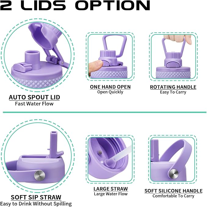 Insulated Water Bottle 32 oz - with Straw & Pop-up Spout Lid, Paracord Handle, Carrier Shoulder Strap, Protective Boot, Wide Mouth Double Walled Vacuum Insulated Gym Water Bottle for Women