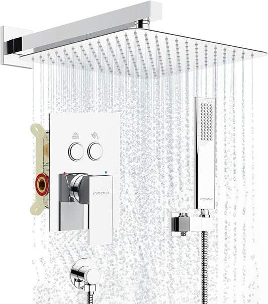 Shower System Shower Faucet Set with Push-Button Diverter and Wall Supply Elbow 12 Inch Shower Head Polished Chrome