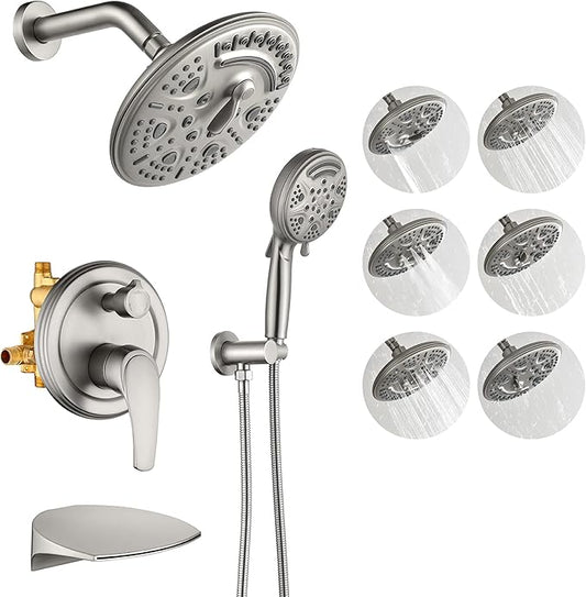 SHAMANDA Luxury Tub Shower Faucet Set with Round-in Valve, Wall Mounted Shower System with Waterfall Tub Spout and 6-Setting Rain Shower Head with 9-Setting Handheld, Brushed Nickel, L8083-2