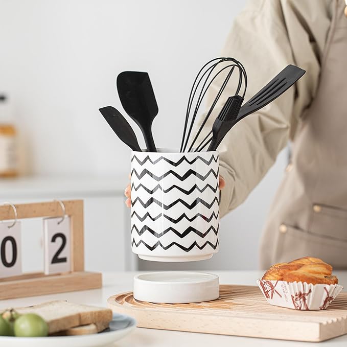 Small Utensil Holder for Kitchen Counter 4.1 x 6 Inches Ceramic Cooking Utensil Crocks Countertop Organizer Vintage Farmhouse Kitchen Decor Caddy,Ripple