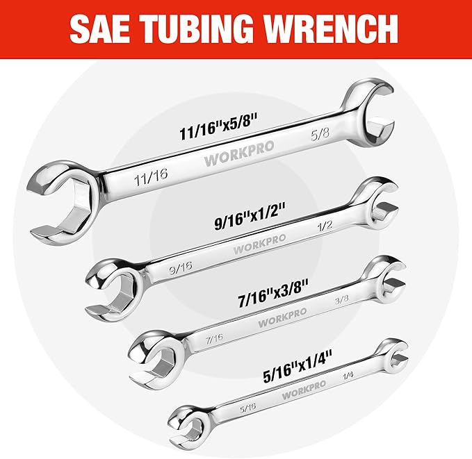 WORKPRO 4-Piece Flare Nut Wrench Set, SAE Brake Line Wrenches, 1/4", 5/16", 3/8", 7/16", 1/2", 9/16", 5/8", 11/16", Cr-V Steel, 15° Offset Head Tubing Wrench, Organizer Pouch Included