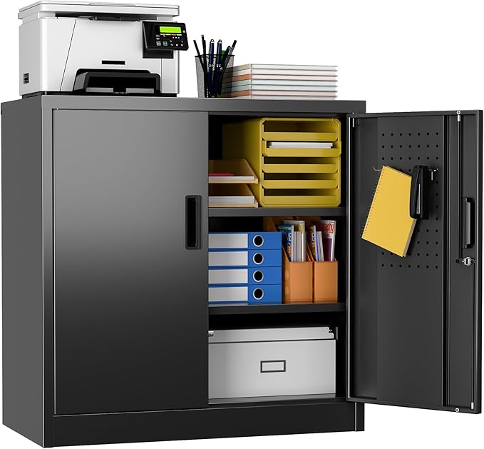 Metal Storage Cabinets with Pegboards and Hooks, 31.5" H Metal Garage Cabinets with Locking Doors and 2 Adjustable Shelves for Home,Office,Garage,School,Assembly Required,Black