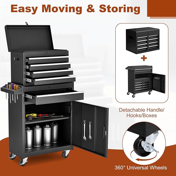 Rolling Tool Chest 5 Drawers Tool Box Garage Storage Cabinet Steel Frame 2 in 1 Tool Cart with Universal Lockable Wheels, Detachable Top and Adjustable Shelf for Garage, Black