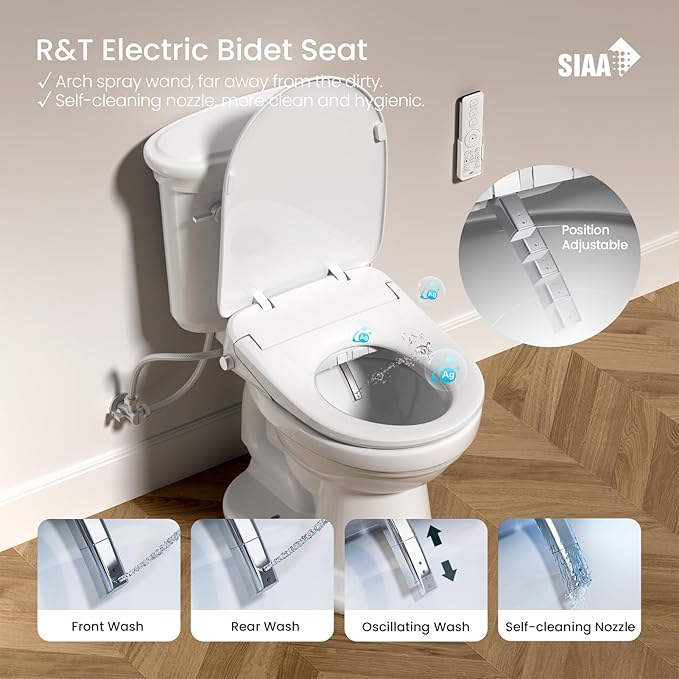 R&T V3200 Elongated Bidet Toilet Seat, Electric Bidet Seat with Adjustable Warm Water, Air Dryer, Heated Seat, Night Light, Deodorization