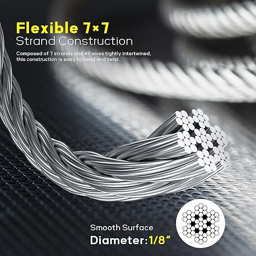 KALLDSY 400FT 1/8" T316 Stainless Steel Cable, Wire Rope Aircraft Cable for Deck Cable Fence Railing Kit, and DIY Balustrades, 7x7 Strands Construction, Comes with a Cutter