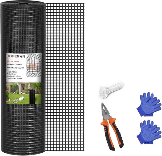 HOPERAN Black Hardware Cloth 1/2 inch 36 x 100 Ft Mesh 19 Gauge PVC Coated Chicken Wire - Vinyl + Galvanized Double Coated Fence - Welded Wire Mesh Roll for Chicken Coop Fencing Garden Fencing