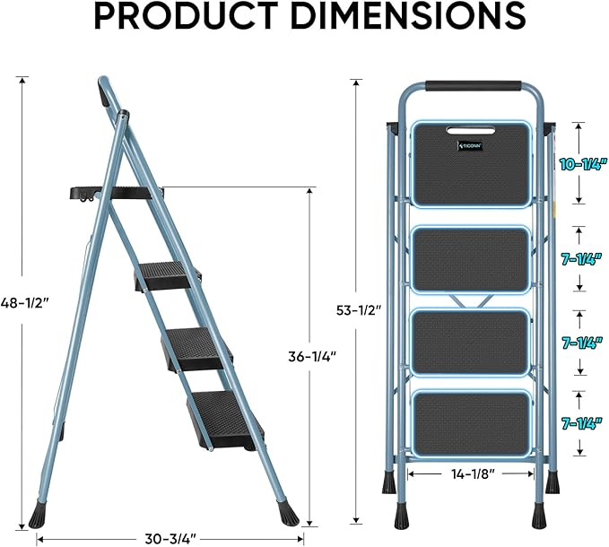 TICONN 4 Step Ladder, Heavy Duty Foldable Step Stool, Portable Steel Folding Stool for Household Garage Storage (Blue)