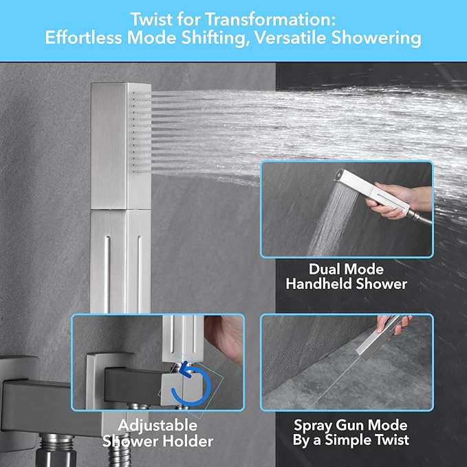 VANFOXLE Shower Faucet Set Brushed Nickel Shower System,Shower Faucet with 2 in 1 Handheld,Ceiling Mount 16 Inch Shower Head+6 Inch Shower Head(Rough-in Valve Body and Trim)
