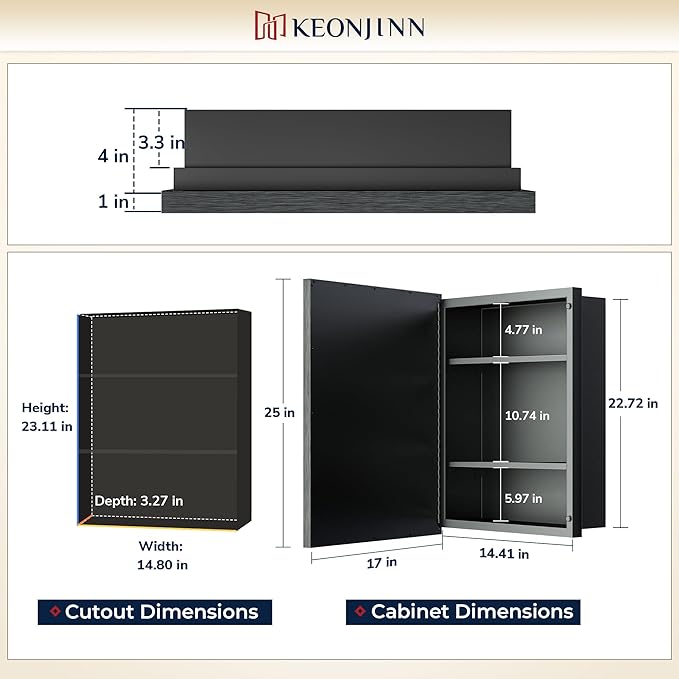 Keonjinn 17" x 25" Gold Medicine Cabinets for Bathroom with Mirror, Recessed or Surface Wall-Mounted Aluminum Alloy Framed Beveled Mirror, Single Door Metal Bathroom Vanity Mirror with Storage Cabinet