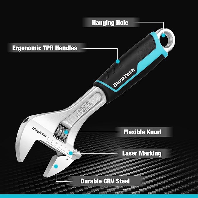 DURATECH 10-Inch Adjustable Wrench, Cr-V Steel Wrench, Wide Jaw Wrench, Metric & SAE Scales, for Home, Garage, Workshop and DIY
