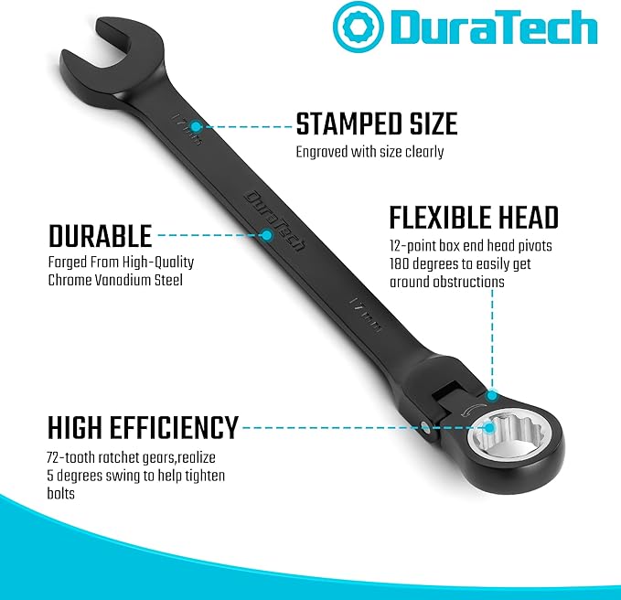 DURATECH 9-Piece Flex-Head Ratcheting Wrench Set, Combination Wrench Set, 72 Tooth, Metric, 8, 10, 11, 12, 13, 14, 15, 16, 17mm, Black Electrophoretic Coating, CR-V Steel, with Rolling Pouch