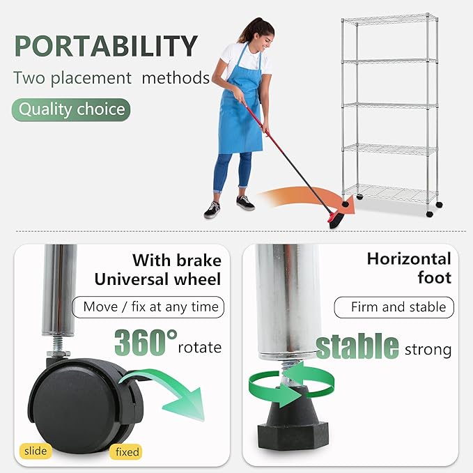 BestOffice | 5-Tier Wire Storage Shelves with Wheels | 14x30x60 | Chrome | Adjustable Racks | Heavy-Duty Metal Shelf, Holds Upto 220 lbs | No-Tool Assembly | Ideal for Home & Garage Shelving