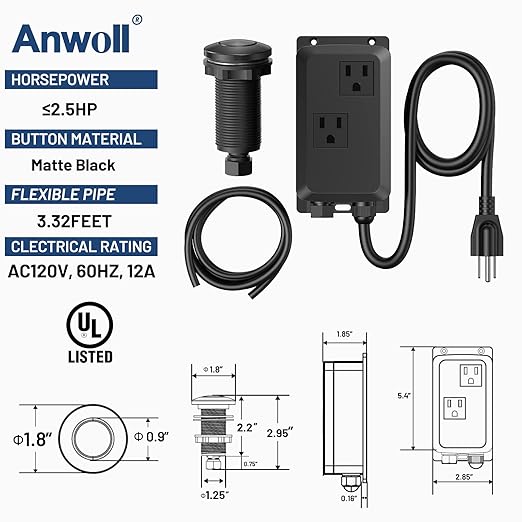 Garbage Disposal Air Switch Kit -Professional- Dual Outlet, Sink Top Waste Disposer On/Off, Garbage Disposal Button, Brass Made Cover, UL Listed