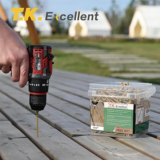T.K.Excellent Deck Screws 3 Inch Wood Screws #10 x 3, 315 Pcs, Rust Resistant Structural Screws Tan Exterior Fence Screws Torx Drive Screw, Two T25 Bits, Brilliant Yellow Ruspert Coating Rust Proof