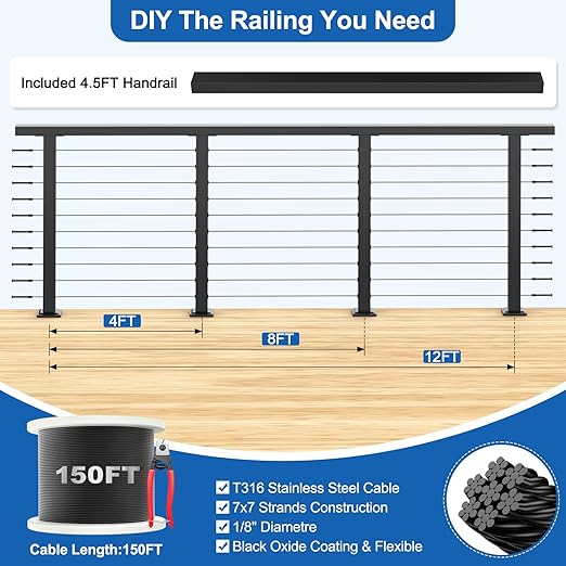 4.5FT Complete Set 36" Black Cable Railing Post Kit with Handrail Length Adjustable, 2pc Surface Mount Pre-Drilled Level Posts, Swageless Cable Railing System Kit, 150FT 1/8" Wire Rope,MY20-LP