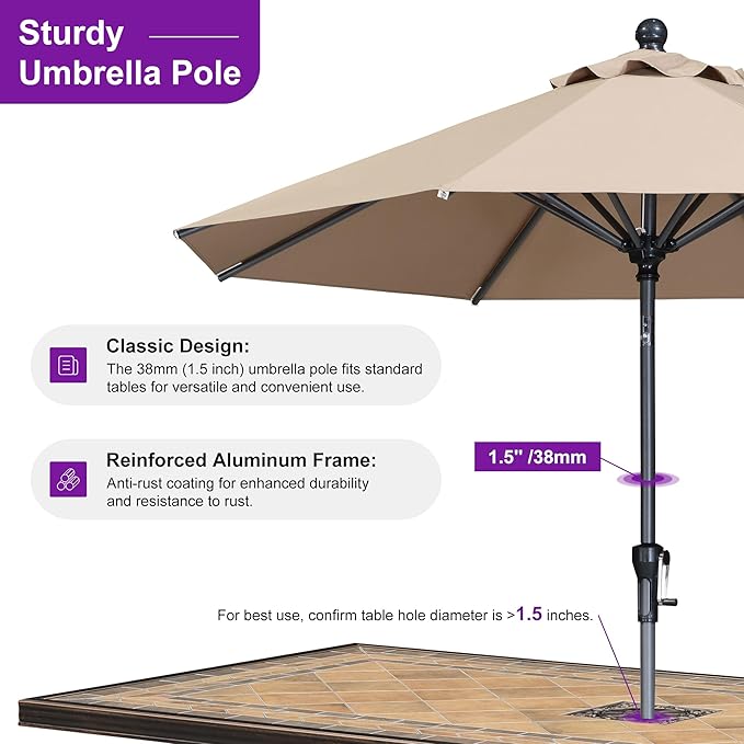 PURPLE LEAF 8' Round Patio Umbrella Outdoor Table Umbrella Aluminum Frame Market Umbrella Sun Umbrella with 8 Sturdy Ribs Tilt for Garden Deck Lawn Pool Taupe