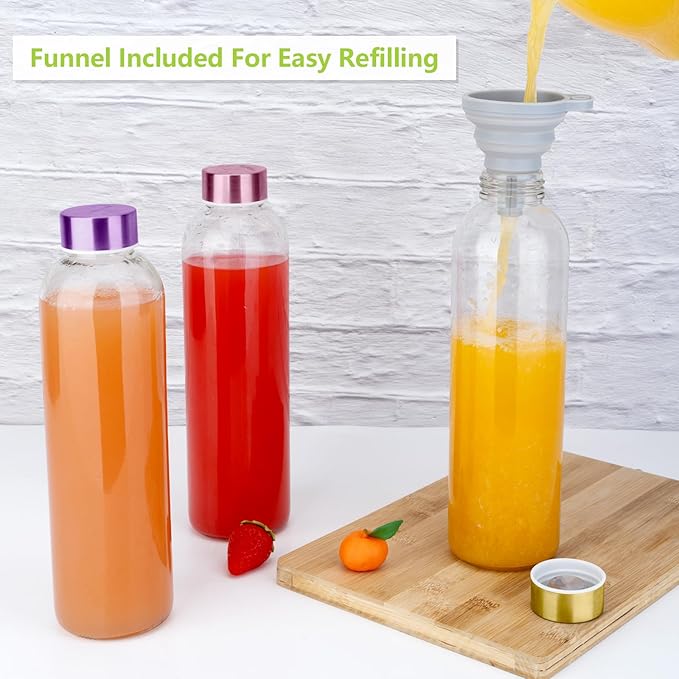 Glass Juice Bottles with Lids for Juicing 24 oz, Reusable Clear Glass Water Bottles with Stainless Steel Airtight Cap for Refrigerator, 100% Leak Proof, BPA Free, ECO Friendly, Set of 3