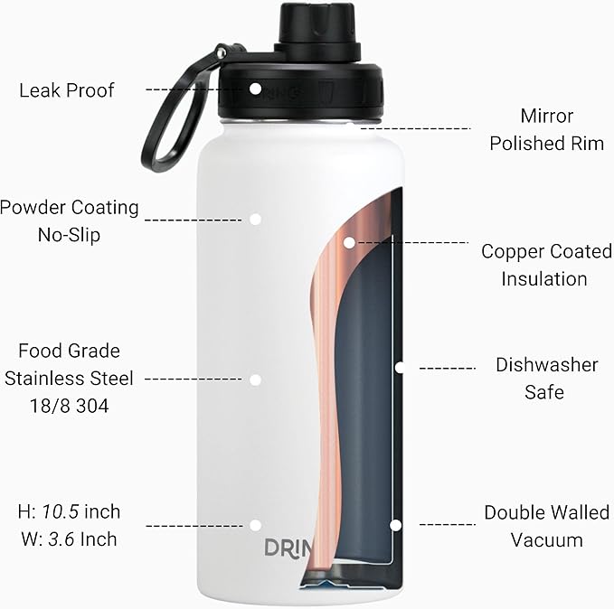 DRINCO Stainless Steel Water Bottle Spout Lid Vacuum Insulated Double Wall Water Bottle Wide Mouth Leak Proof Keep Cold Sport Camping (USA Flag) (32oz Artic White USA Flag, 32oz)