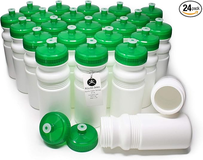 Rolling Sands 20 Ounce Sports Water Bottles 24 Pack, BPA-Free, Made in USA, Dishwasher Safe, White Bottles/Green Lids